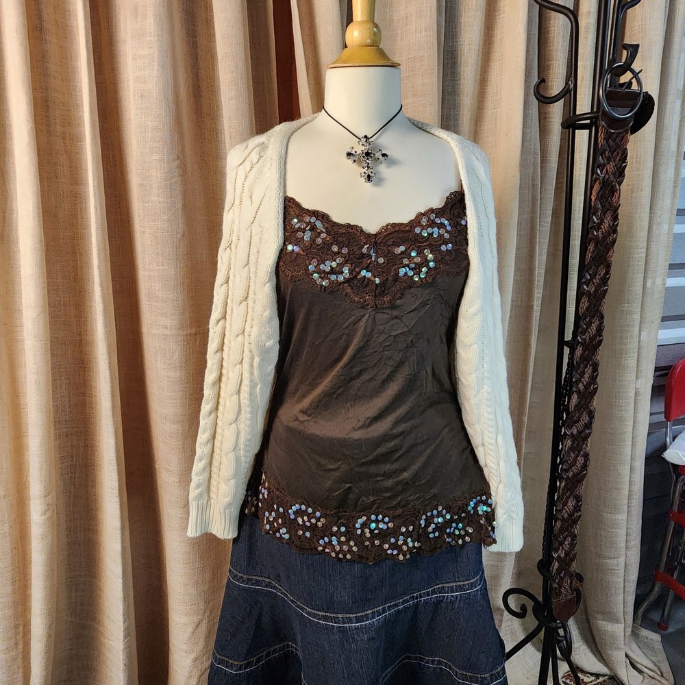 Love Tree Women M Cream Cable Knit Cropped Shrug Bolero Sweater Long Sleeve